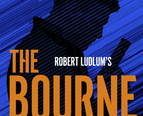 A silhouette of Jason Bourne in profile -- a gun held up in his hand -- is set against diagonal streaks of blue and black. The title, Robert Ludlum's The Bourne Treachery -- A Jason Bourne Novel by Brian Freeman -- overlays the image in fire-orange.
