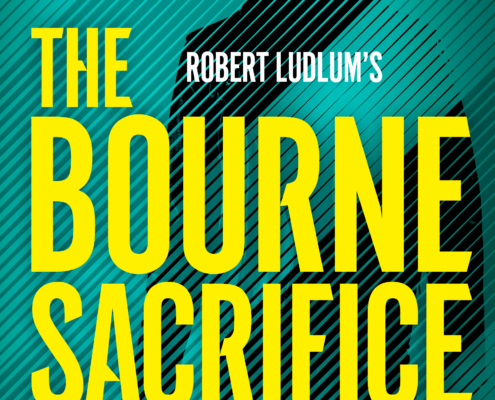 Jason Bourne faces the reader dead-on, his body in silhouette, a gun in his hand. The title THE BOURNE SACRIFICE is in yellow against a background of green diagonal lines.